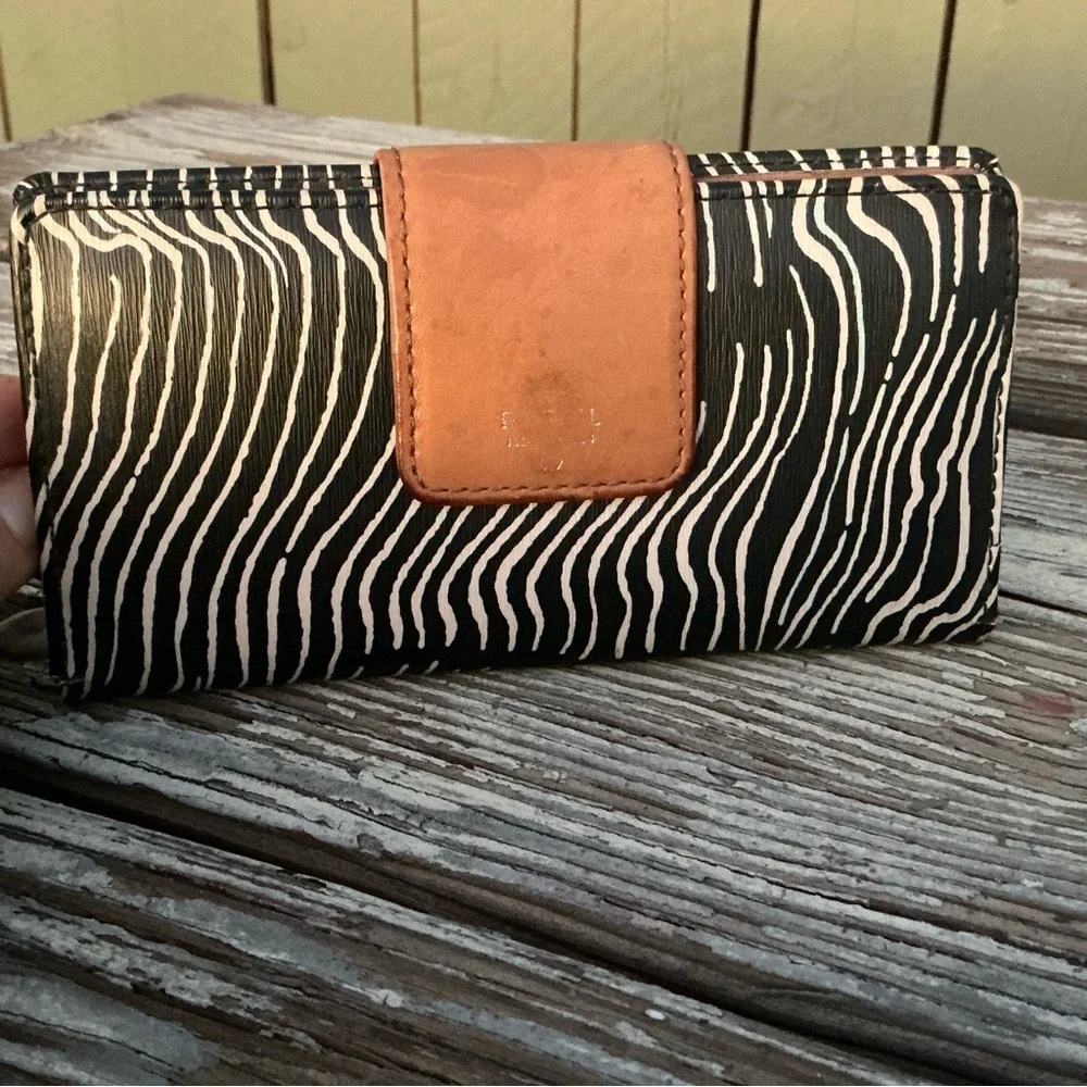 FOSSIL Black Striated Stripe Leather Zebra Print Bifold Wallet 7x4